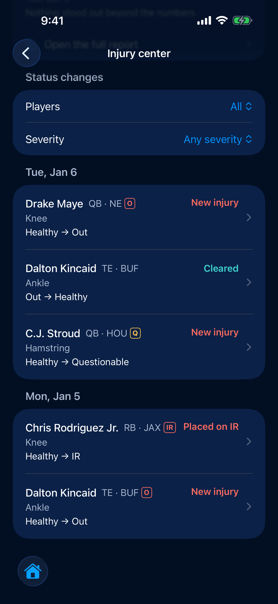 iPhone · Injuries in the League Lens iPhone app with a made-up league