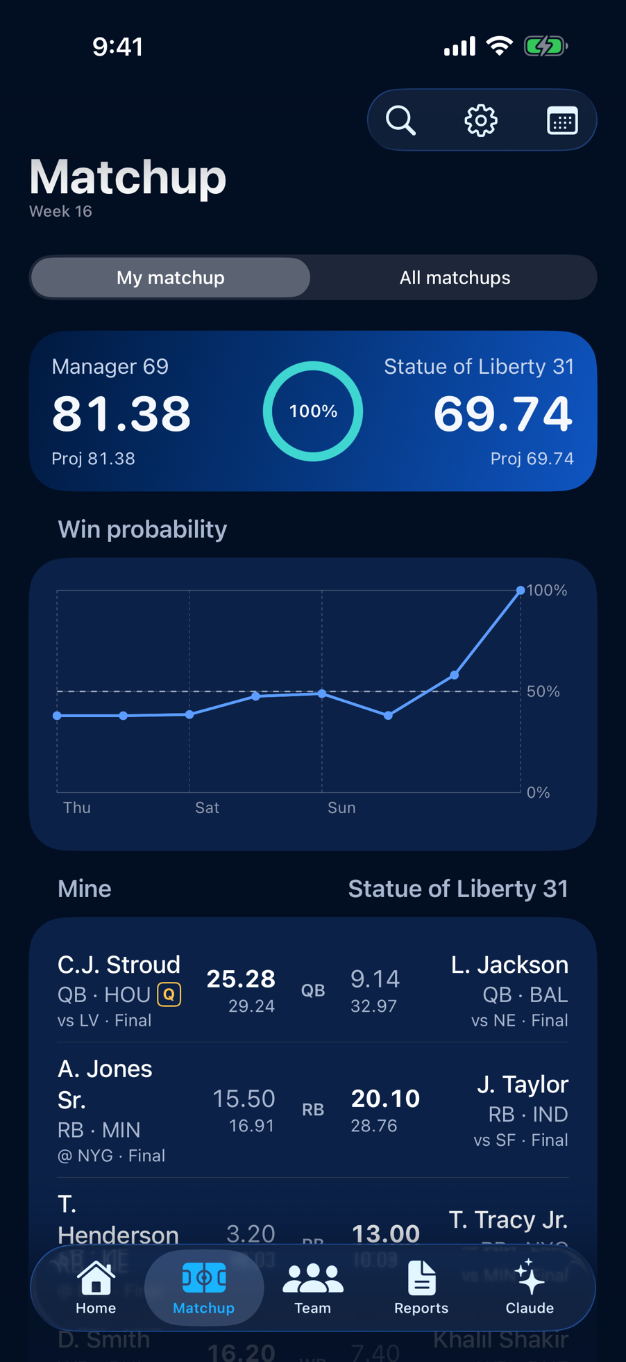 iPhone · Matchup in the League Lens iPhone app with a made-up league