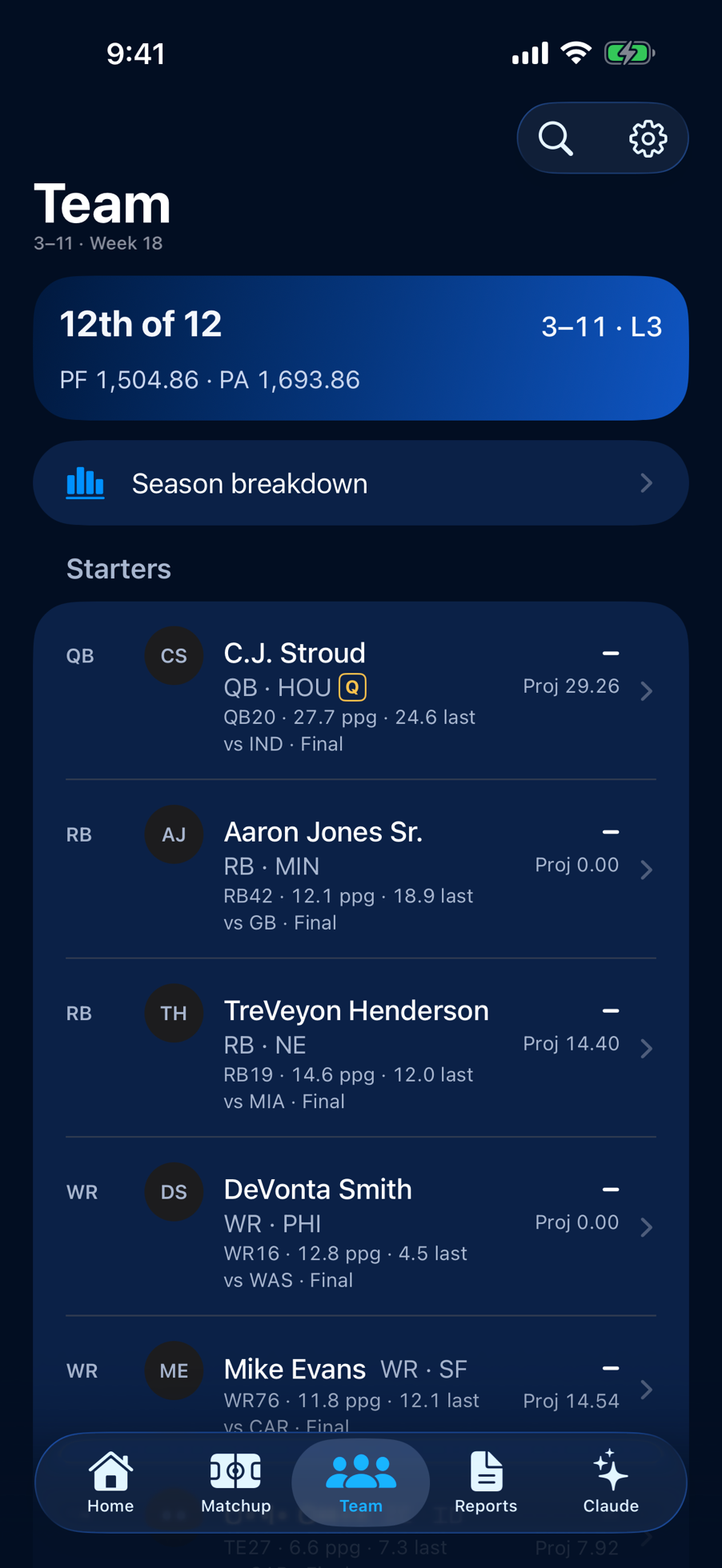 iPhone · Team in the League Lens iPhone app with a made-up league